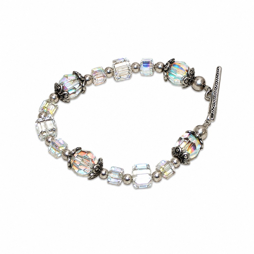Iridescent Crystal Bead Bracelet Silver Tone Toggle Clasp‎ AB Sparkle Jewelry